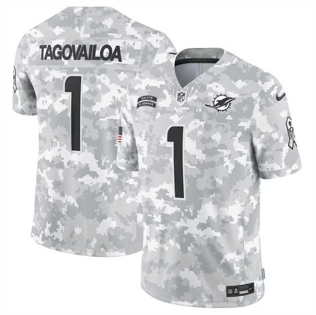 Men%27s Miami Dolphins #1 Tua Tagovailoa 2024 Arctic Camo Salute To Service Limited Stitched Jersey Dyin